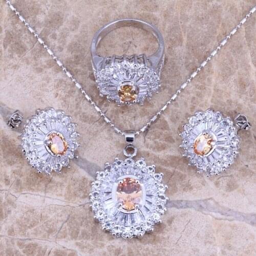Morganite White CZ Silver Plated Jewelry Sets Earrings Pendant Ring Size 6 / 7 / 8 / 9 / 10 S0104