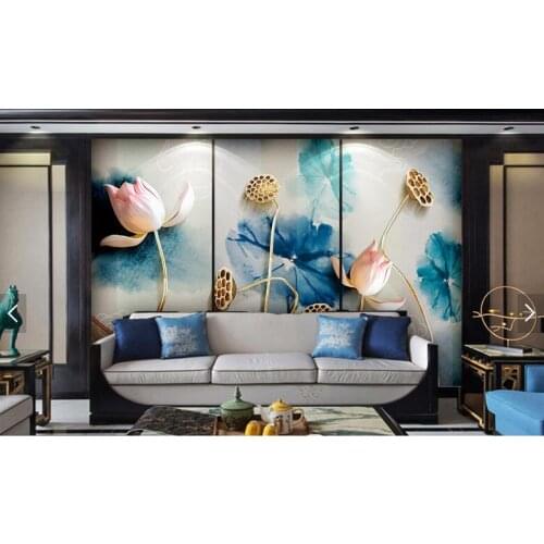 Water ink lotus jewels simple relief wall 3d wallpaper