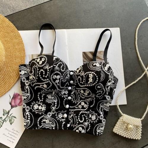 Women retro embroidery spaghetti tops streetwear basic shirt female singer dancer women Costumes chest strap chest binder tops