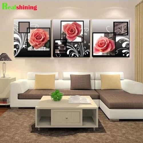 Triptych diamond painting Pink Rose Flowers mosaic diamond set full square round diamond embroidery 3 piece Kitchen decor,N2045