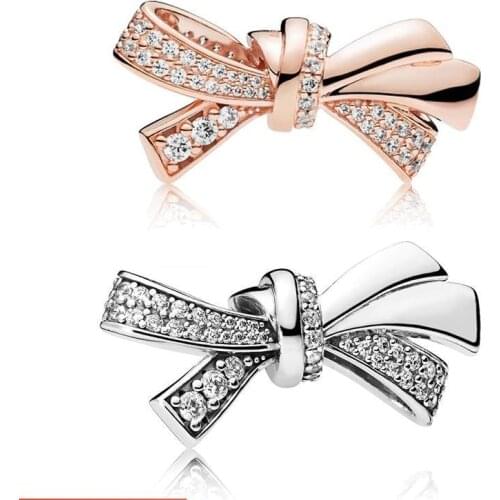 Volayer 925 Sterling Silver Beads Pink Mothers Love Bow Ribbon Bead Charms fit Original Pandora Bracelets Women DIY Jewelry