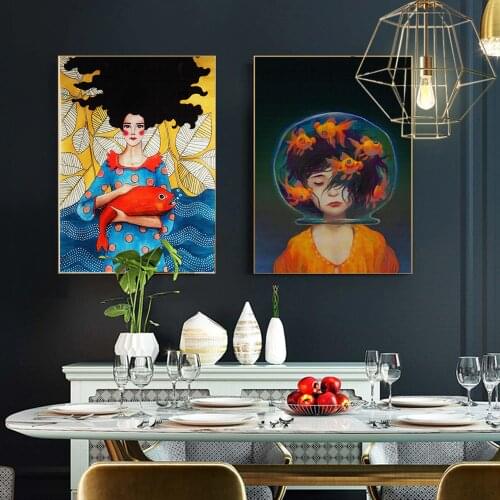 WANGART Nordic Oil Painting Girl Fish Cuadros Wall Art picture Romantic Canvas prints Harvest Cartoon for Girls bedroom Home Dec