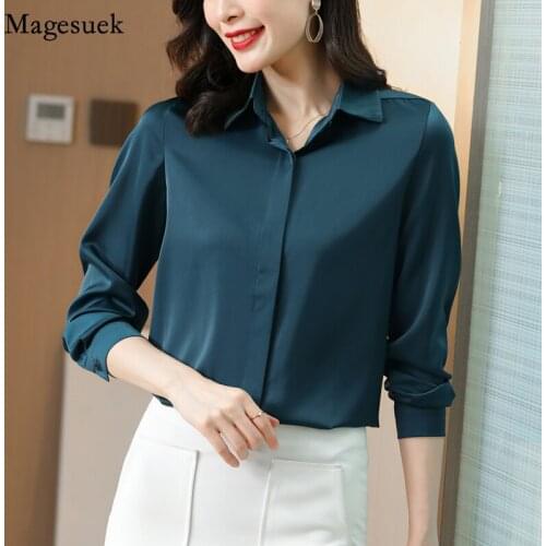 New Spring Silk Shirts Casual Blouse Full Sleeve Turn-down Collar Satin Loose Women Shirt Office Lady Plus Size Solid Tops 12793
