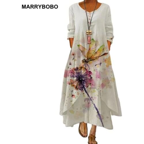 Women Spring Summer Flowers Print Long Dress 2021 Casual O Neck Long Sleeve Loose Dress Vintage Party Dresses Vestidos