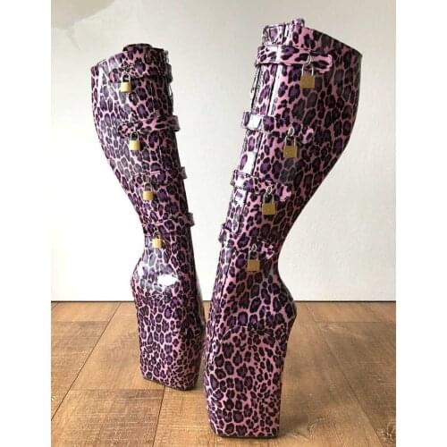 Pink Leopard Shoes Women Wedges Boots Sexy Fetish High Heel Knee High Booties High Heels Round Toe Women Ballet Heelless Slip On