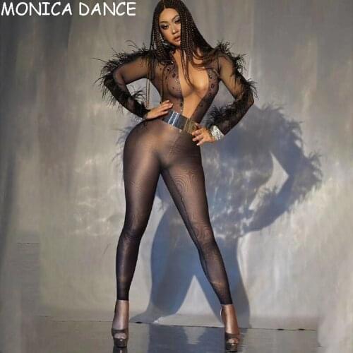 Women Sexy Black Elastic Mesh See Through Women Jumpsuits Birthday Party Bodysuit Sexy Nightclub Stage Singer Jumpsuit