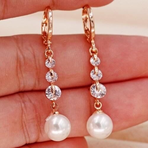 Bohemian Dangle Drop Pearl Gold Copper Earrings for Women Girls White Zircon Trendy Jewelry Party Wedding Accessories Gift