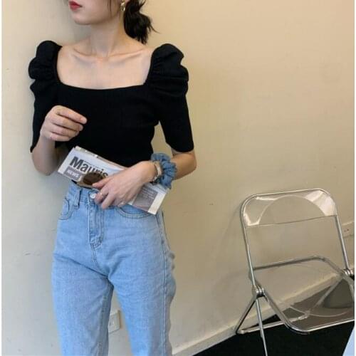 Summer 2021 new retro square neck slim knit top short short sleeve T-shirt women