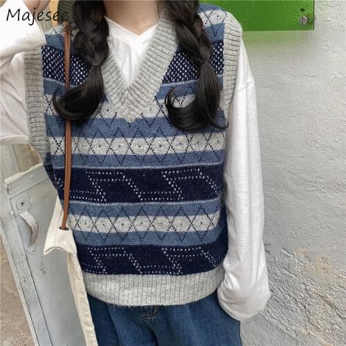 Sweaters Vests Women Argyle Preppy Style Knitted Students Japanese Style Loose Sweet Girls Cozy Casual Chic Ulzzang Female Ins
