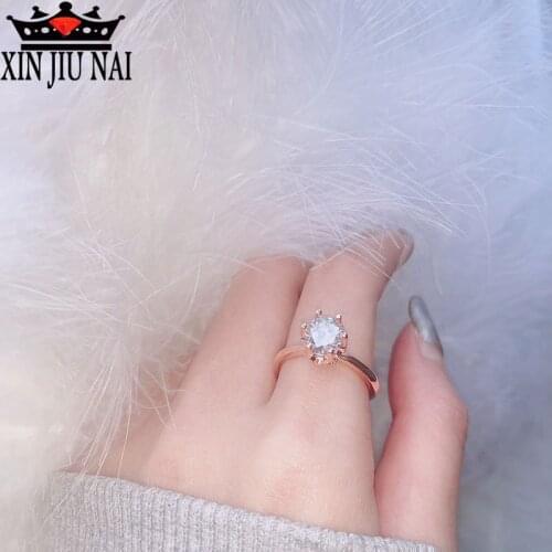 Rose gold single diamond inlaid round Light luxury six-claw elegant fashion simulation gem female ring