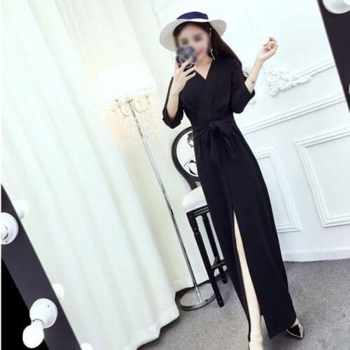 2019 Womens Dress Three Quarters Sleeve V-neck Black Retro Slim Dress Pure Color Temperament Split Dress Hot Sale