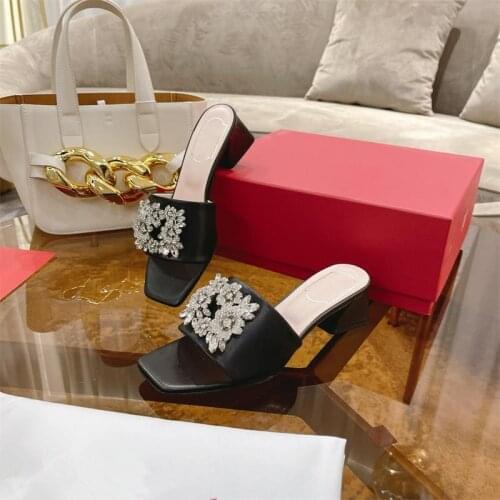 2021 High Quality Outdoor Slippers Woman Shoes Med Heels Chaussure Femme Summer Crystal Slides Casual Open-Toes Zapatillas Mujer