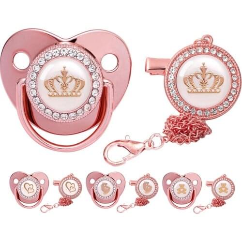 2021 Newborn Baby Pacifier Clips Rose Gold Bling Teether BPA Free Silicone Pacifier Holder Infant Nipple Dummy Baby Shower Gifts