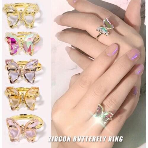 5pcs Shiny Crystal Butterfly Alloy Ring 3D Nail Art Rhinestone Decorations Luxury Diamond Glass Manicure Design Accessories
