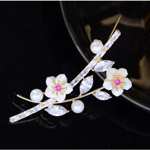 OKILY Elegant Nature Shell Wintersweet Corsage for Women Jewelry Accessories Plum Flower branches Brooches with Pearl Coat Pin