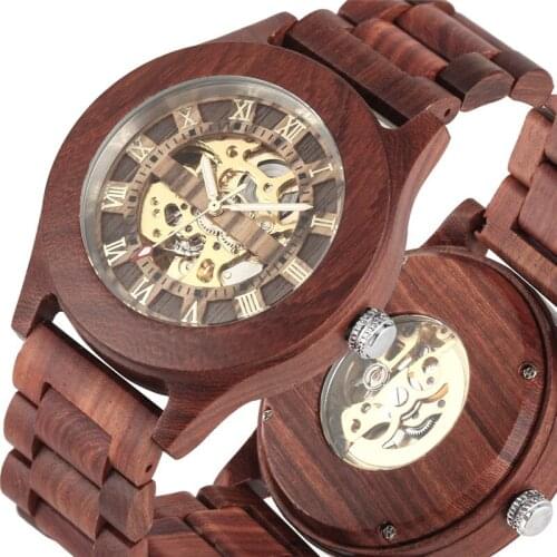 Handmade Sandalwood Watch Mens Automatic Mechanical Wristwatch Roman Number Display Luminous Hands Full Wooden Bracelet Strap