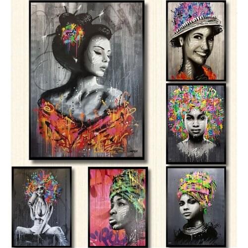 Black Sex Woman Graffiti Painting Canvas Wall Art Posters Colorful Hair Hat Women Graffiti Picture Living Room Home Decor