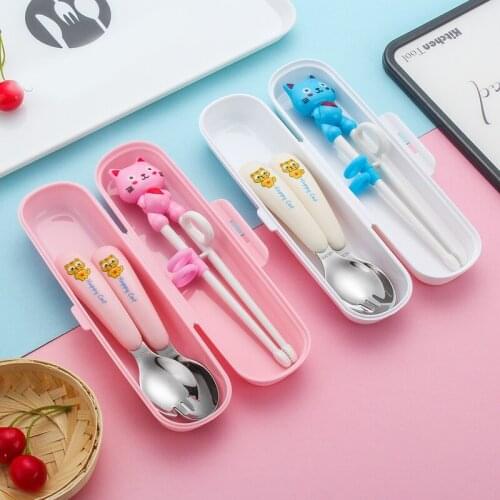 Baby Food Feeding Spoon Fork Cartoon Infant Kids Chopstick Set Stainless Steel Toddler Dinnerware With Box