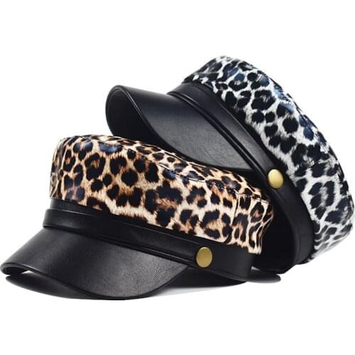 Women PU New Beret Hats French Berets Female Leopard Print Berets Black Berets