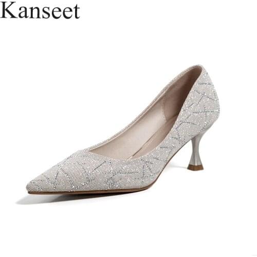 Kanseet New Womens Pumps 2021 Spring Autumn Fashion Black Grey Mature Footwear Pointed Toe Shallow Handmade Sex High Heel Shoes