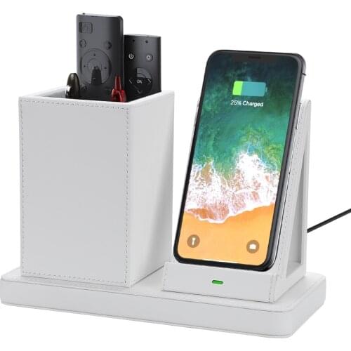 Kinfom Pencil Holder PU Leather Desk Organizer with Mobile Phone Charger Stationery Storage Boxes