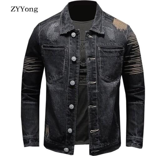 European Style Embroidery Bomber Pilot Tattered Black Denim Jacket Men Jeans Coat Motorcycle Casual Slim Outwear Clothing