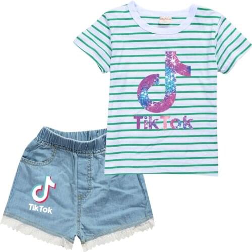 TIK TOK summer new childrens clothing girls fashion sports cartoon T-shirt + cowboy shorts