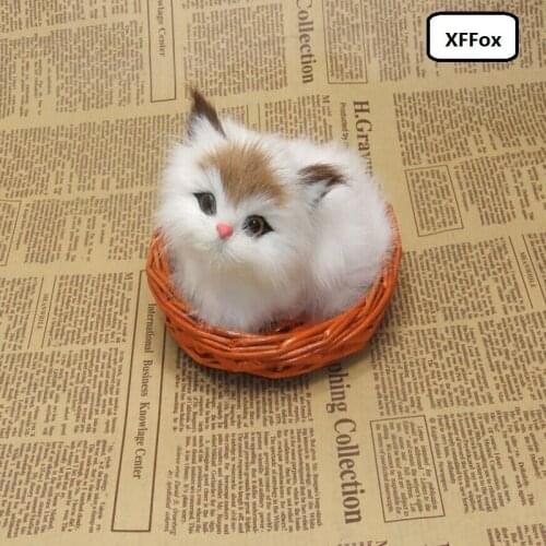 Cute real life yellow head cat model on a basket plastic&furs white cat doll gift about 12x10cm xf1204
