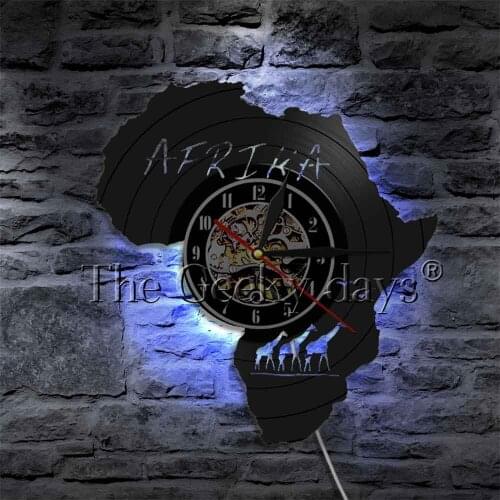 Antique Africa Animals Giraffes Family Vinyl Record Wall Clock Creative Wildlife Wall Watch Art LED Decorative Lighting