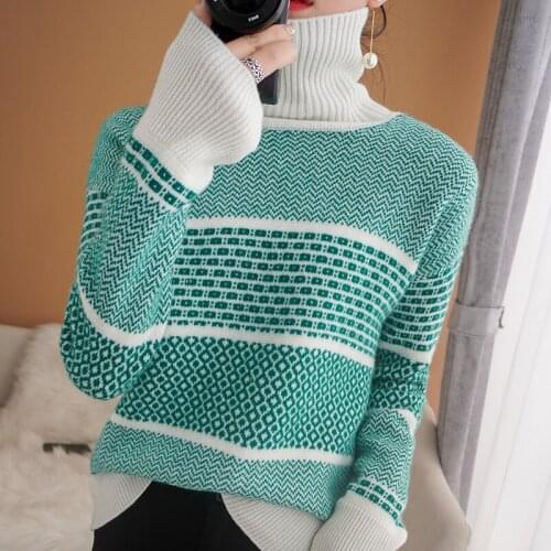 New 100% pure wool sweater womens color-blocking pullover long-sleeved loose cashmere knit bottoming shirt High collar winter