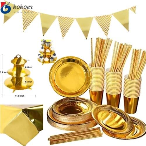 Gold Disposable Paper Plates Cups Straw napkins cakestand Tableware Sets for Adult Kids Birthday Party Supplies Gold Theme decor