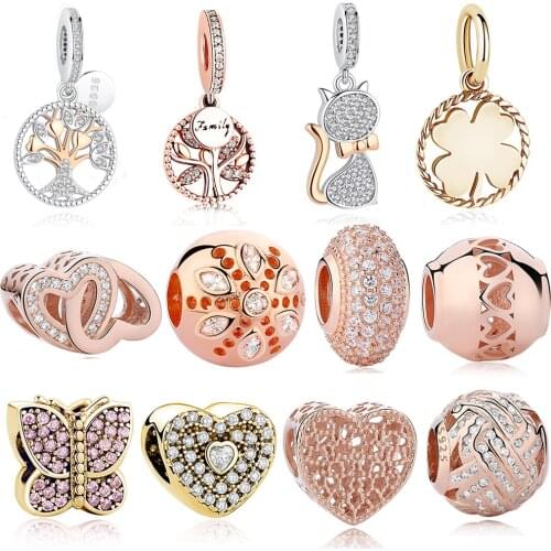Original 925 Sterling Silver Family Tree Heart Charm Beads Fit Charms Bracelets Rose Gold CZ Beads for Jewelry Making