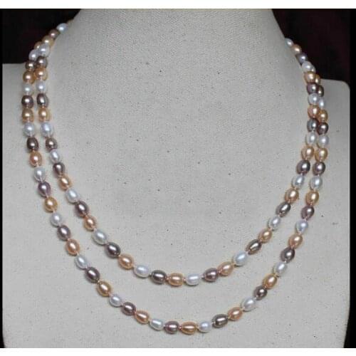 30'' 50'' 80cm 125cm 7x8mm white pink purple oval rice pearl long necklace natural Freshwater PEARL Women Jewelry