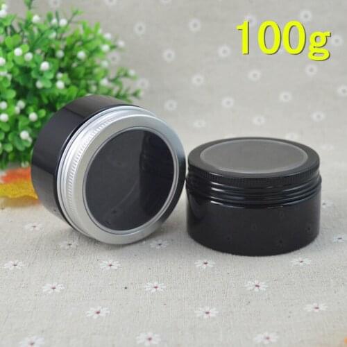 60pcs/lot 100g Black Plastic Cosmetic Bottle Window Aluminum Cap Refillable Lip Container PET Hair Wax Jar 100ml 2017 Style AB46