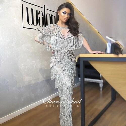 Luxury Beading Tassel Dubai Evening Dress Short Sleeve Grey Mermaid Arabic Formal Prom Dresses 2021 Long Graduation Party Gowns