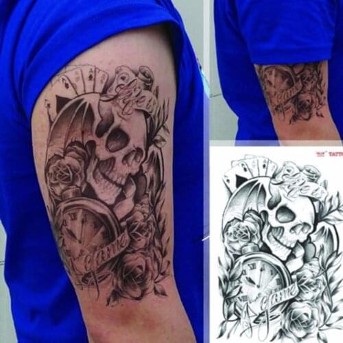 Removable Fashion Black Large Waterproof Tattoos Men Male Sexy Temporary Tattoo Skull Clock Body Arm Stickers