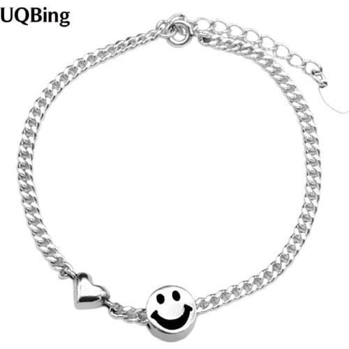 Retro Silver 925 Glossy Heart & Smile Charm Bracelet For Women Jewelry