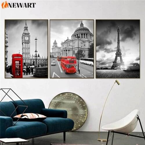 Modern Black White Canvas Painting Red City Paris Town Wall Art Poster Red Bus Umbrella Tourise Home Decoration Picture Decor