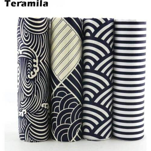 Teramila Dark Blue Cloud and Black Strip Design 4 PCS Cotton Twill Fabrics Retro Baby Clothes Telas Material Home Textile Cloth