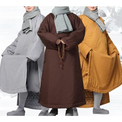 Unisex Winter warm cotton coffee/gray buddhist zen meditation lay clothing shaolin monk kung fu suits buddha robe gown