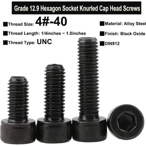 20Pcs 4#-40 Grade 12.9 Screws UNC Thread Alloy Steel Hexagon Socket Knurled Cap Head Bolts DIN912 Thread Length 1/4 ~ 1.0inches