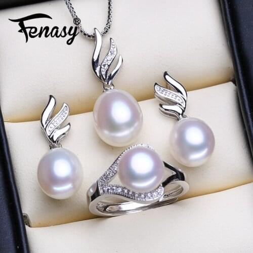 FENASY 925 Sterling Silver Jewelry Sets Natural Pearl Stud Earrings Custom Bohemian Crystal Pendant Chain Necklace For Women