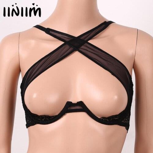 Womens See Through Sheer Mesh Lingerie Bras Spaghetti Straps Crisscross Exotic Sissy Open Cup Nipples Front Underwired Bra Top