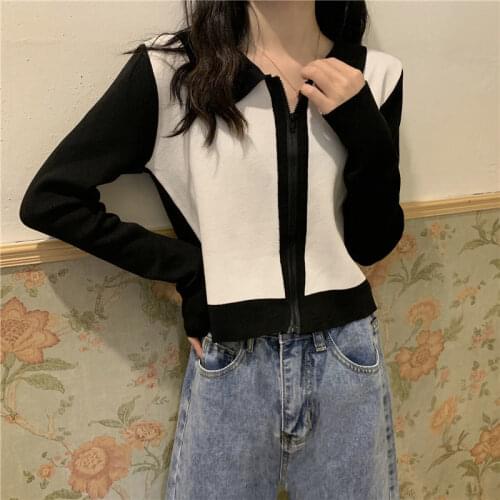 Womens Knitted Cardigan Contrast Color Turn-down Collar Zipper Long Sleeves Thin Tops Wholesale 2021 New Fashion Female Clothes