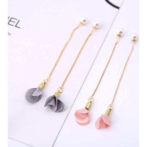 8 Colors Grey Pink Black etc Flower Long Golden Chain Simulated Pearl Women Drop Earrings Dangle Earrings