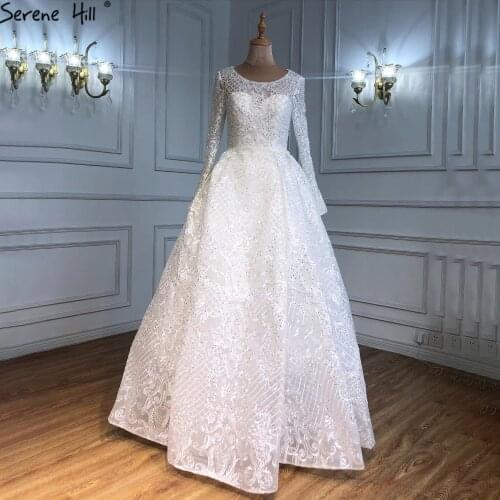 Serene Hill Dubai White Luxury Beaded Evening Gown 2021 Long Sleeves O-Neck Modest For Muslim Wedding Party Dress CLA60899A
