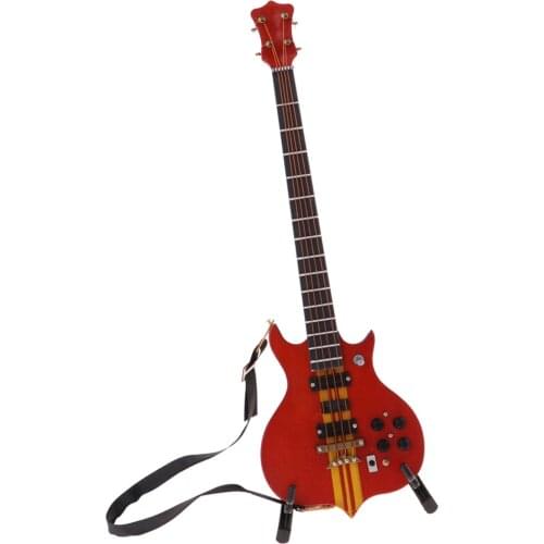 Handmade Mini Wooden Bass Guitar Model with Stand for 1/6 Action Figures Xmas Gifts Toys Accessories - Red