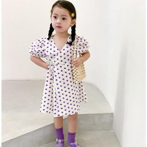 Children Girl Wave Point Dress Temperament Tender Dress Fairy V-neck Casual Sundress Kid Clothing For Baby Girl