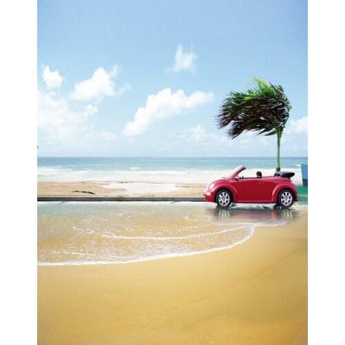 Sea Beach Red Car Photography Backdrops Photo Props Studio Background 5x7ft