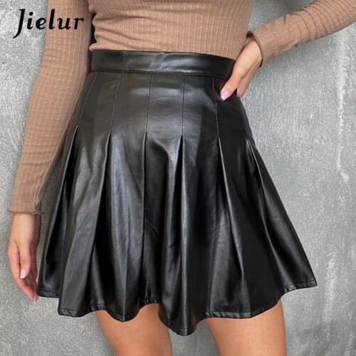 Jielur Sexy Black Leather Womens Skirt 2021 Summer PU Pleated Skirt High-waisted Chic A-line Club Lady Skirts Femme Short XS-L